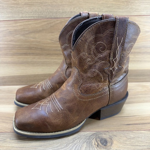 JUSTIN Chellie Western Booties Womens 7 B Square Toe Brown Leather - Picture 1 of 12